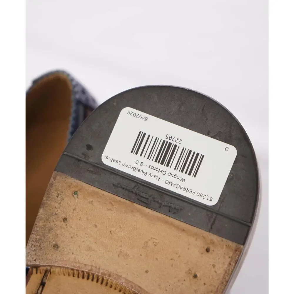 $1,250 FERRAGAMO - Navy Blue/Brown Leather Wingtip Oxfords - 9 D